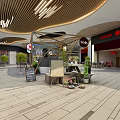 Modern Café Interior With Wooden Ceiling Green Plants Seating Area And Decorative Stalls