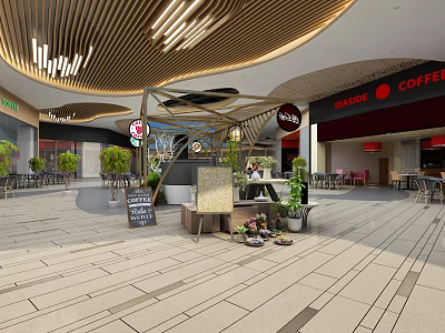 Modern Café Interior With Wooden Ceiling Green Plants Seating Area And Decorative Stalls 3d model