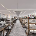 Elegant Restaurant Interior With Tableware Display Shelves Fresh Fruits Warm Lighting And Polished Countertops