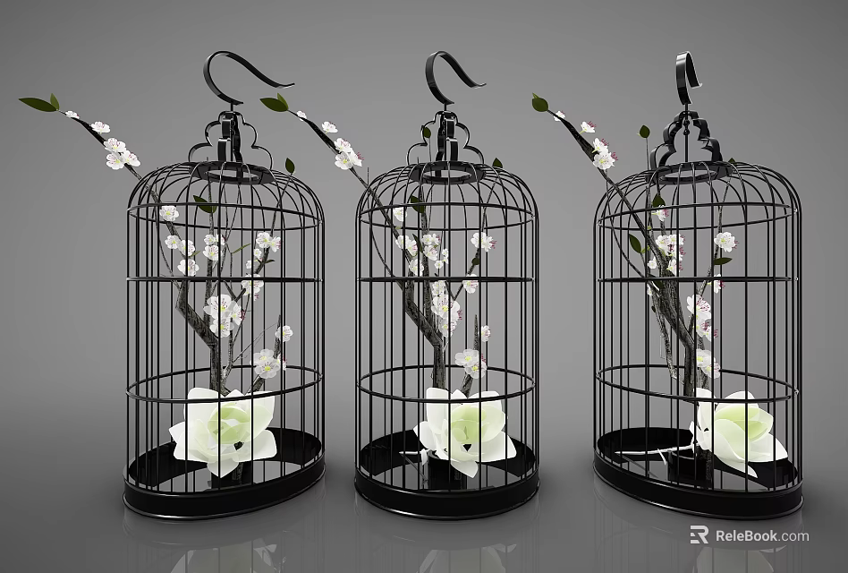 Elegant Decorative Ornament Set With Black Birdcages White Flowers And Branches 3d model 