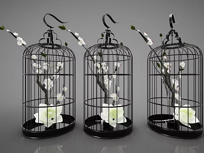 Elegant Decorative Ornament Set With Black Birdcages White Flowers And Branches 3d model