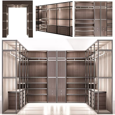 Modern Wardrobe Interior Design With Metal Frame Wooden Panels And Storage Shelves 3d model