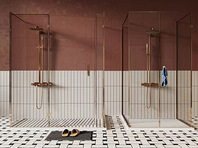 Modern Shower Room With Glass Enclosures Brown Walls White Tiles And Slippers 3d model