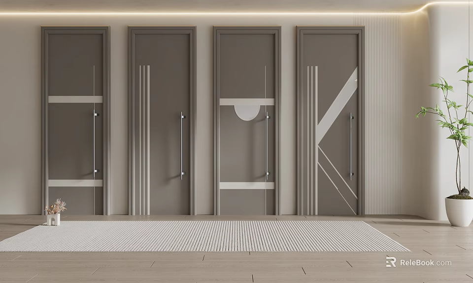 Four Modern Gray Hinged Doors With Geometric Lines And Circular Detail 3d model 
