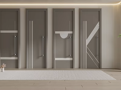 Four Modern Gray Hinged Doors With Geometric Lines And Circular Detail 3d model