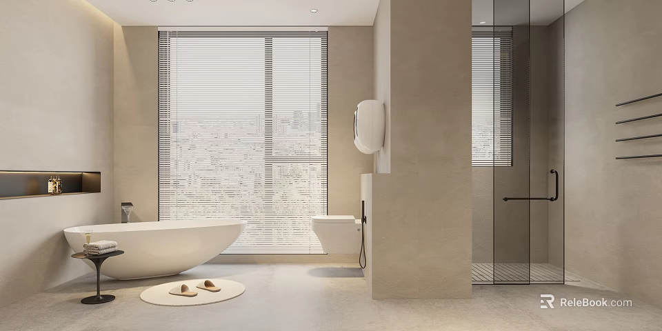 Modern Bathroom Interior Design With Bathtub Toilet Glass Shower Blinds And Beige Tiled Floor 3d model 