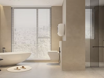 Modern Bathroom Interior Design With Bathtub Toilet Glass Shower Blinds And Beige Tiled Floor 3d model