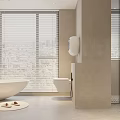 Modern Bathroom Interior Design With Bathtub Toilet Glass Shower Blinds And Beige Tiled Floor