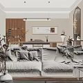Cozy Modern Living Dining Room Interior With Large Sofa Wooden Shelves And Decorative Lamps