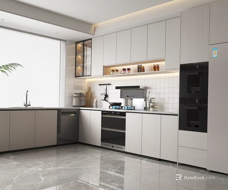 Modern Kitchen Interior With White Cabinets Marble Countertop And Built-in Appliances 3d model