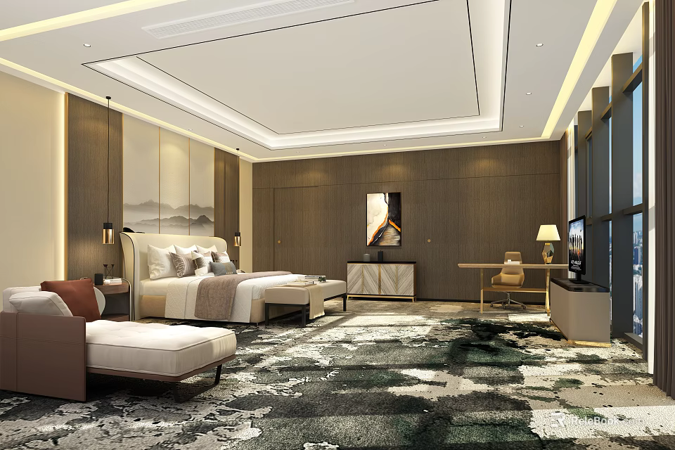 Elegant Hotel Guest Room With Wooden Walls King Bed TV Area Rug And Artwork 3d model 