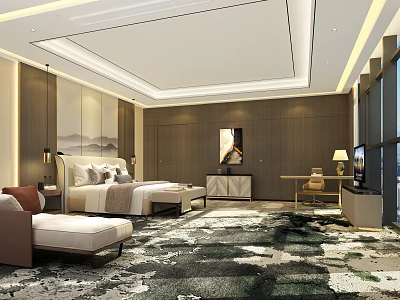 Elegant Hotel Guest Room With Wooden Walls King Bed TV Area Rug And Artwork 3d model