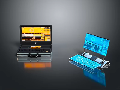 Portable Laptop Computers With Yellow Screen Interface And Blue Backlit Keyboard Case 3d model