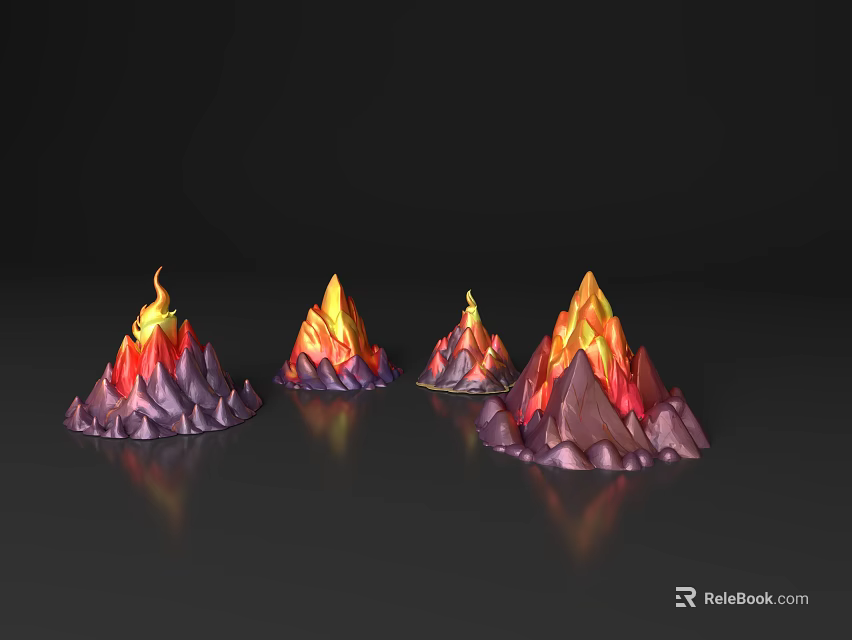 Colorful Volcanic Landscape With Flaming Peaks And Red Orange Purple Reflections 3d model 