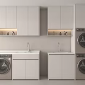 Modern Minimalist Bathroom Cabinetry With Washing Machines Sinks Upper Cabinets And Under Cabinet Lighting