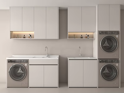 Modern Minimalist Bathroom Cabinetry With Washing Machines Sinks Upper Cabinets And Under Cabinet Lighting 3d model