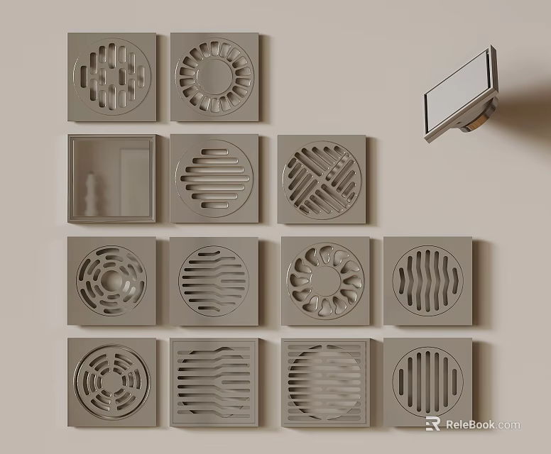 Gray Square Floor Drains With Various Decorative Patterns 3d model