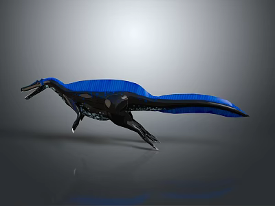 Blue And Black 3D Spinosaurus Dinosaur Model With Sail Back Displayed In Studio 3d model