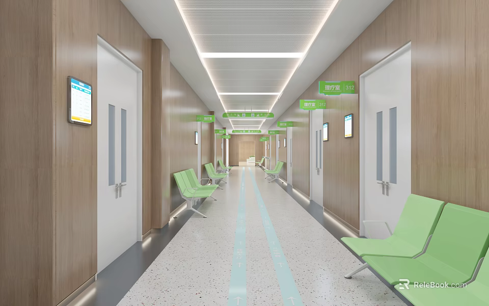 Hospital Outpatient Clinic Corridor With Green Seating And Modern Decor 3d model 