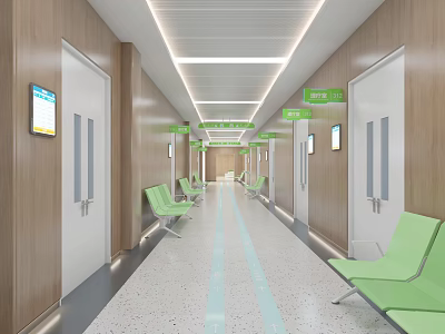 Hospital Outpatient Clinic Corridor With Green Seating And Modern Decor 3d model