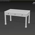 Piano White Finish Dining Table With Dark Bronze Handles And Three Drawers On Dark Floor