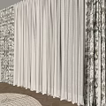 Patterned Curtains And White Sheer Drapes In Interior With Wooden Floor Round Rug