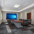 Modern Conference Room With Large Screen Meeting Table Black Chairs Recessed Lights And Gray Carpet