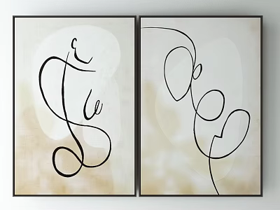Two Panel Abstract Line Art Paintings With Beige Background And Black Frames 3d model