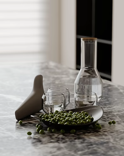Decorative Ornament Set with Glass Bottle Cups Gray Ornament and Green Peas on Marble Countertop 3d model
