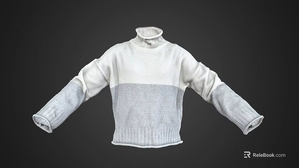 White And Gray Color Block Turtleneck Sweater With Knitted Texture Design 3d model 