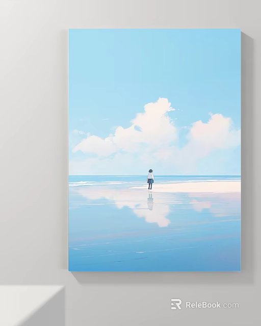 Tranquil Seaside Landscape With Blue Sky White Clouds Person Standing And Water Reflection 3d model 