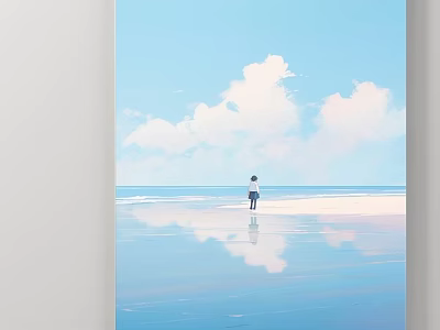 Tranquil Seaside Landscape With Blue Sky White Clouds Person Standing And Water Reflection 3d model