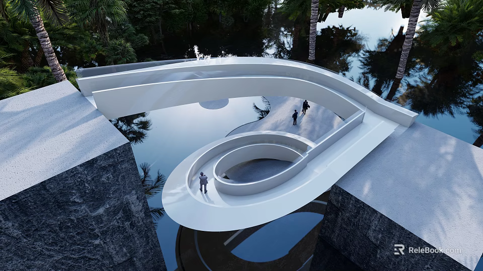 Elegant Modern Spiral Staircase With White Curved Structure Over Waterfront Surrounded by Trees 3d model