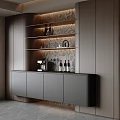 Modern Gray Sideboard With Open Shelves And Decorative Items On Wooden Textured Wall