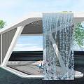 Modern Architectural Structure With White Roof Striped Walls Waterfall And Family Standing On Platform