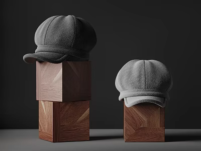 Two Gray Hats Displayed on Stacked and Single Wooden Blocks in Minimal Setup 3d model