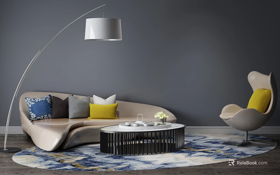 Modern Sofa and Coffee Table Set with Colorful Pillows Patterned Rug and Floor Lamp 3d model