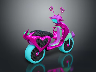 Stylish Pink Shiny Scooter With Heart Shaped Elements And Blue Wheels 3d model