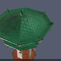 Traditional Pagoda Architecture With Green Tiered Roof Hanging Bells And Red Pillars Lattice Design