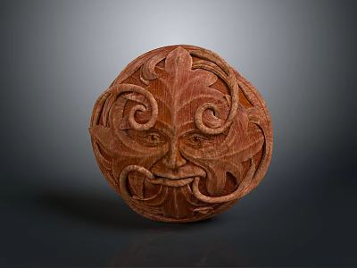 Decorative Wooden Carved Sphere Furniture with Intricate Face and Leaf Patterns 3d model