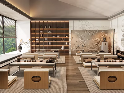 Traditional Teahouse Interior With Wooden Furniture Seating Areas Decorative Wall And Tea Sets 3d model