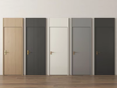Various Colored Hinged Doors With Golden Handles Against Light Walls And Wooden Floor 3d model