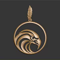 Golden Eagle Head Carved Pendant With Feather Accent And Circular Frame Design 3d model