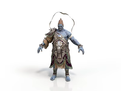 Blue Skinned Man In Ornate Attire With Flowing Ribbons Standing Pose 3d model