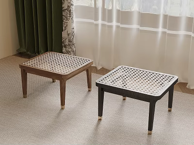 Two Modern Stools With Grid Patterned Tops Wooden And Black Slender Legs On Indoor Carpet 3d model