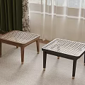 Two Modern Stools With Grid Patterned Tops Wooden And Black Slender Legs On Indoor Carpet