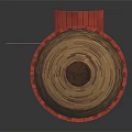 Red Round Barn Building With Striped Brown Yellow Roof And Small Windows Design