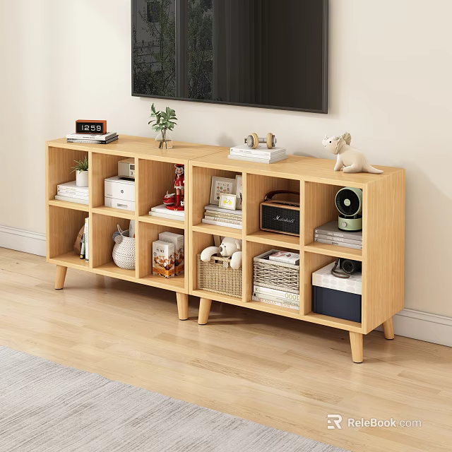 Light Wood Open Shelf Bookcase With Books Decorations Storage Boxes And Baskets 3d model