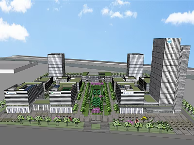 Modern Office Building Complex With Central Green Landscaping And Tall Skyscrapers 3d model