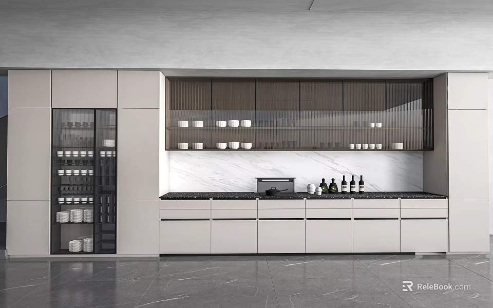 Modern Kitchen Cabinets With White Bodies Wood Upper Glass Doors And Marble Countertop 3d model 
